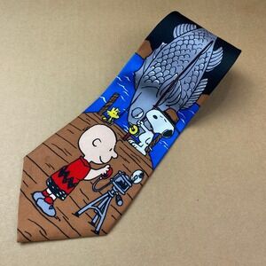 VTG Peanuts Snoopy Charlie Brown Fishing Silk Tie Mens‎ OS Blue World's Greatest
